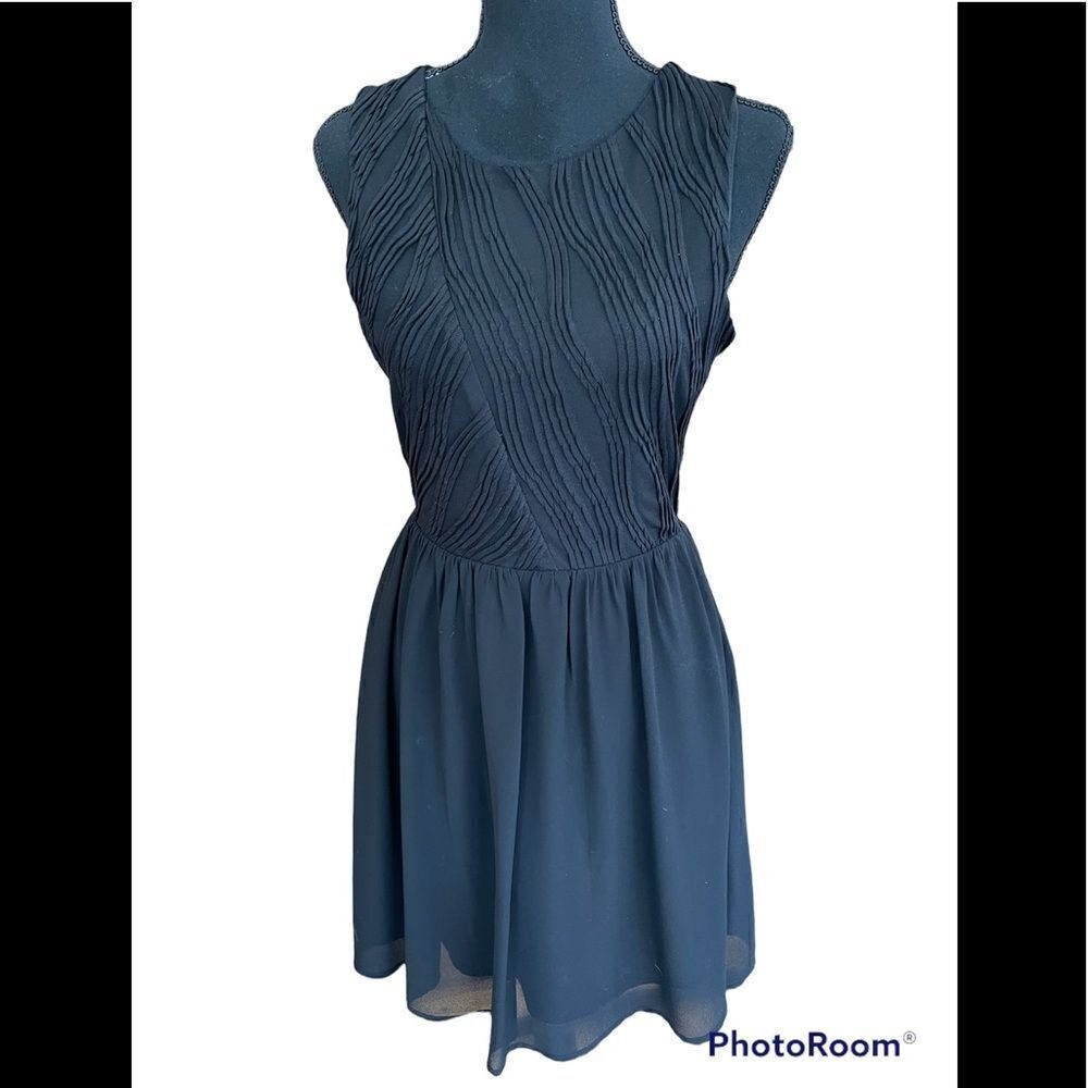 Bar lll black dress, chiffon overlay and semi sheer back w/ embroidered design